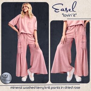 EASEL “Lovin’ It” Cotton Mineral Washed Pants Relax Fit Wide Ruffled Leg Pockets